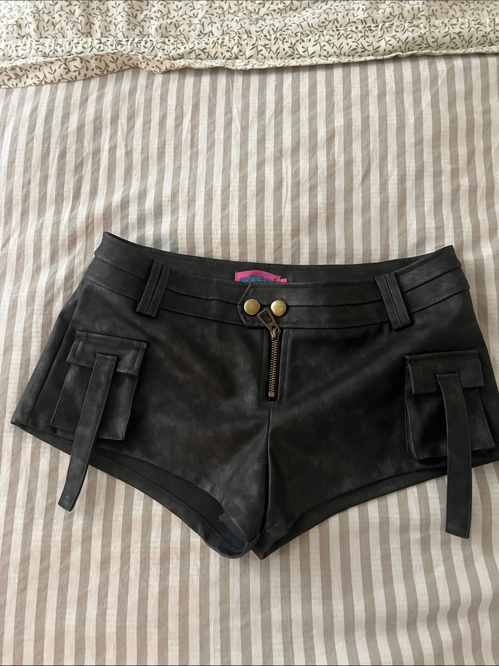 Edikted Black Faux Leather Cargo Shorts